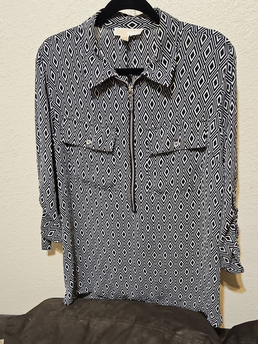 Michael Kors Black and White Geometric Zip-Front Blouse
